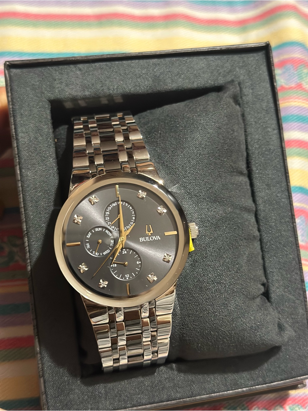 Bulova Silver Tone Mens Watch With Black Dial And Crystal Accents